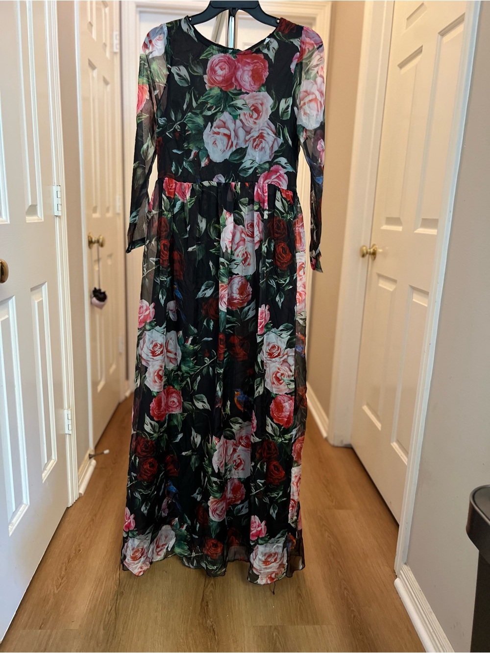 Floral Black Long Sleeve Maxi Dress with Pink & Red Roses